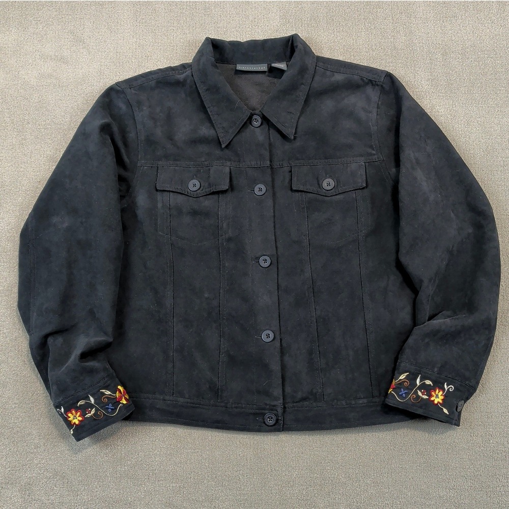 Relativity Faux Suede Jacket Womens Medium Black Floral Embroidered Boho Western